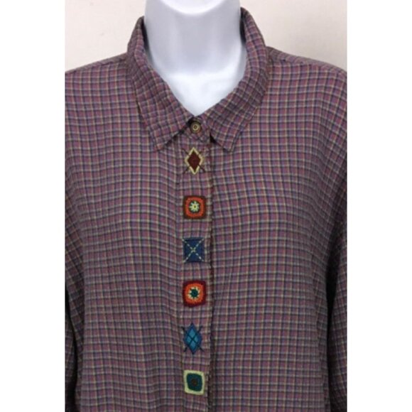 Koret City Blues Button Up Top Women Size 20W Purple Blue Checked Embroidered - Picture 2 of 13